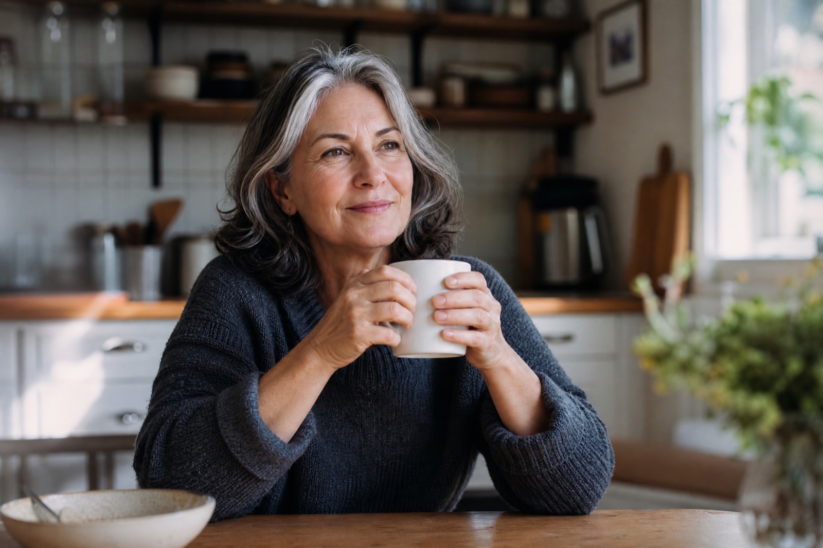 Carol at her kitchen table in the morning light with a cup of coffee