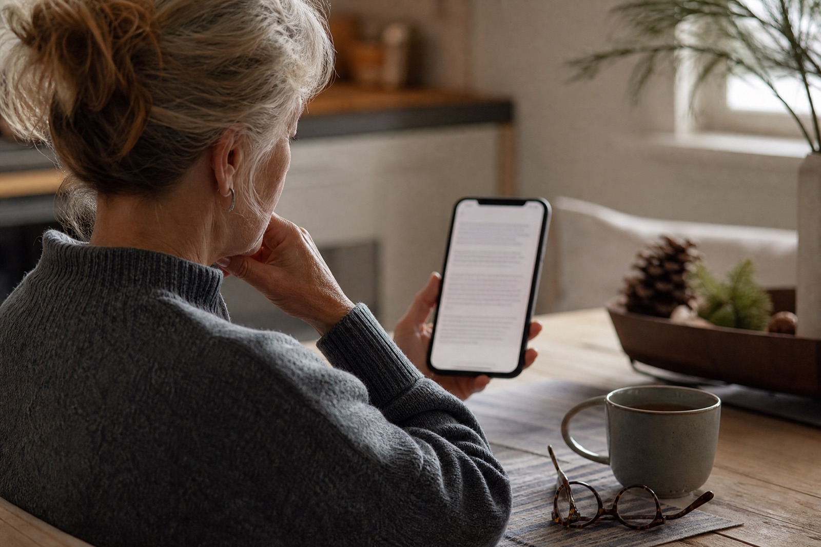 A woman at her kitchen table reading an article on her phone, hand paused at her chin