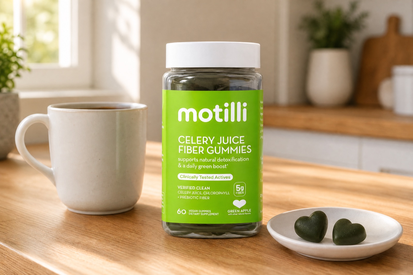 Motilli Celery Juice Fiber Gummies jar on a kitchen counter beside morning coffee