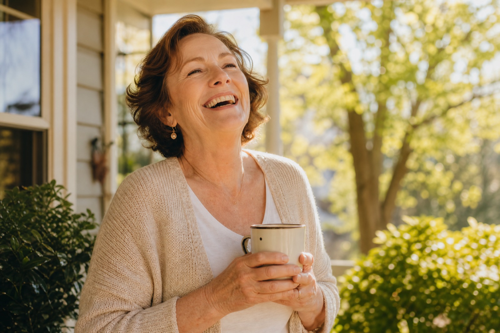 A woman laughing on her sunlit front porch with a cup of coffee