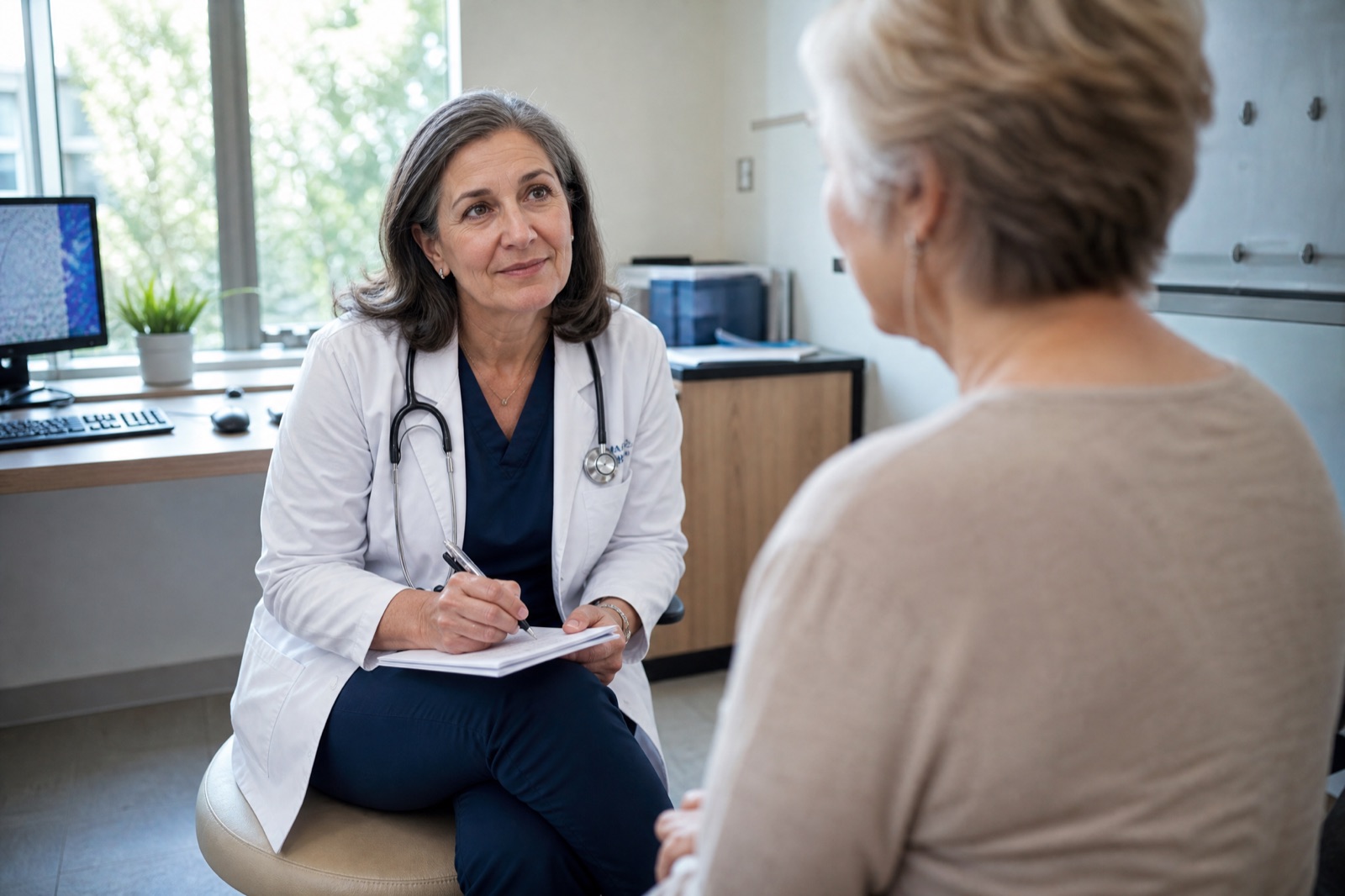 A doctor pausing to write a note during an appointment